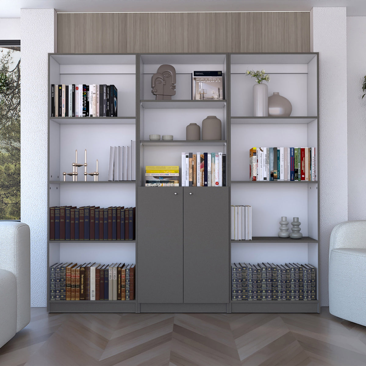 Duette 3 Piece Home Bookcase set, 74" Wide with 11 Shelves and 2-door Cabinet ,  Living Room Set  Matt Gray / White