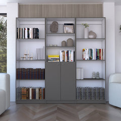 Duette 3 Piece Home Bookcase set, 74" Wide with 11 Shelves and 2-door Cabinet ,  Living Room Set  Matt Gray / White