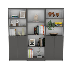 Hialeah 3 Piece Home Bookcase set, 74" Wide with 10 Shelves and Two Double-Door Cabinet ,  Living Room Set  Matt Gray / White