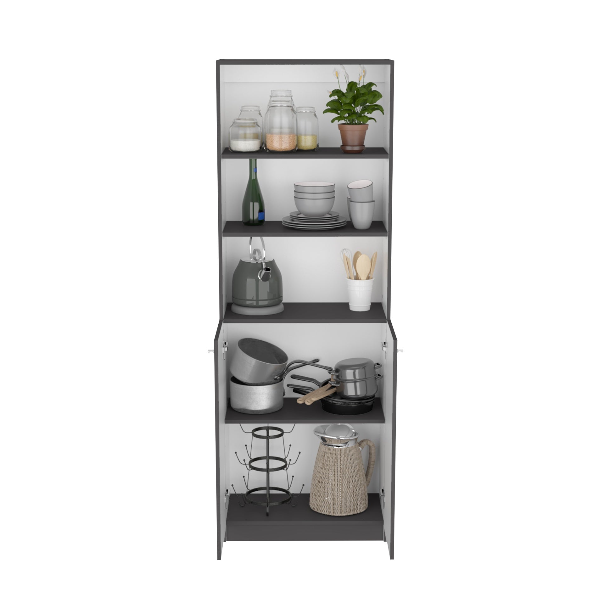 Hialeah 3 Piece Home Bookcase set, 74" Wide with 10 Shelves and Two Double-Door Cabinet ,  Living Room Set  Matt Gray / White