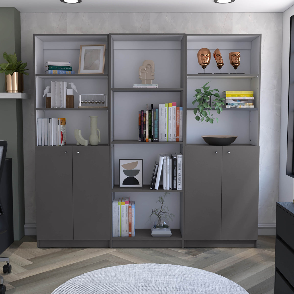 Hialeah 3 Piece Home Bookcase set, 74" Wide with 10 Shelves and Two Double-Door Cabinet ,  Living Room Set  Matt Gray / White