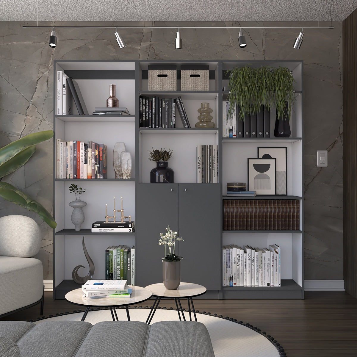 Aynor 3 Piece Home Bookcase set, 74" Wide with 12 Shelves and 2-door Cabinet ,  Living Room Set  Matt Gray / White