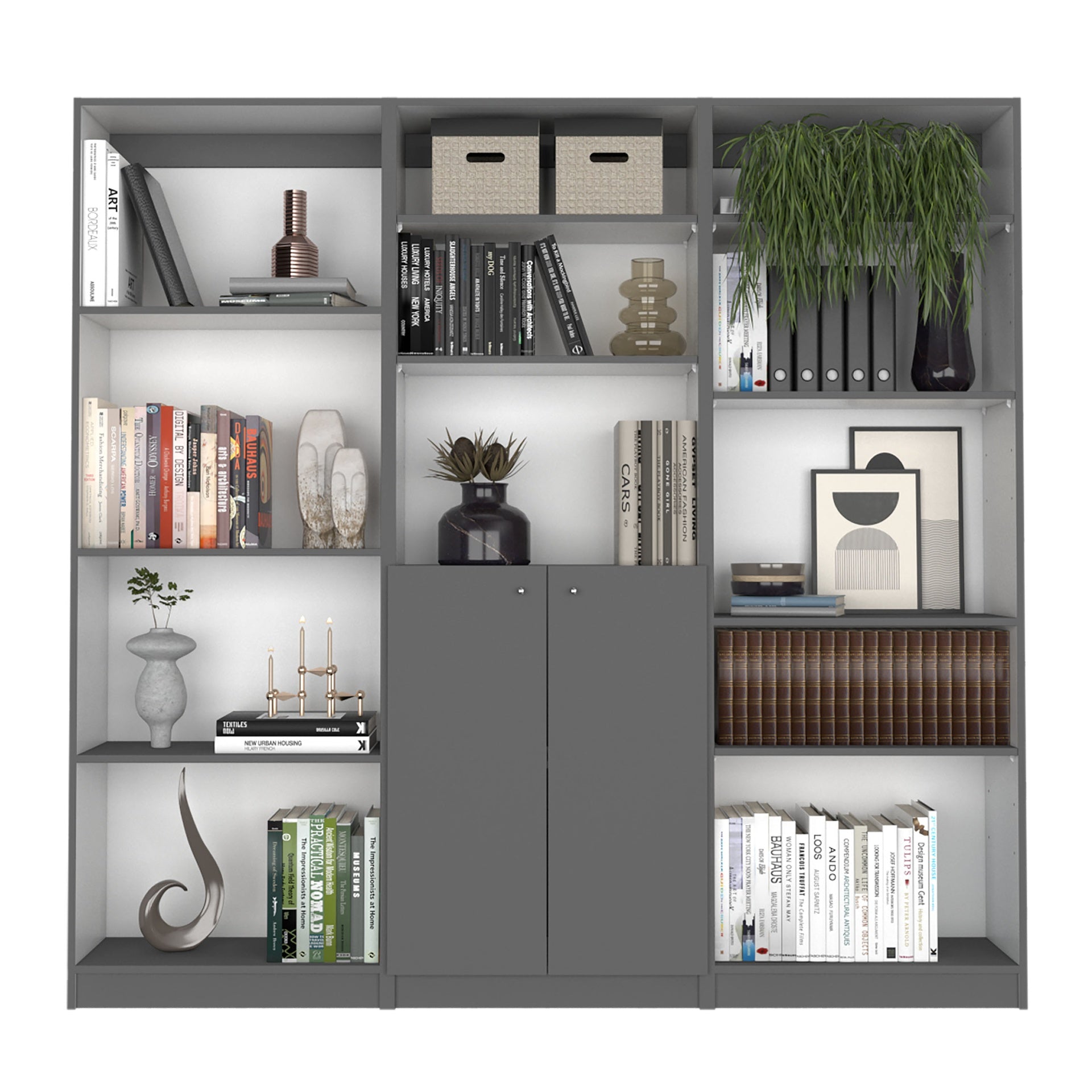 Aynor 3 Piece Home Bookcase set, 74" Wide with 12 Shelves and 2-door Cabinet ,  Living Room Set  Matt Gray / White