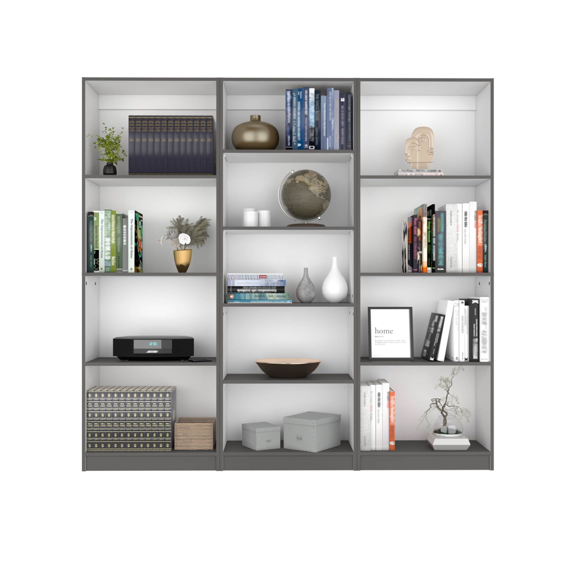 Lainor 3 Piece Home Bookcase set, 74" Wide with 13 Shelves ,  Living Room Set Set Matt Gray - White