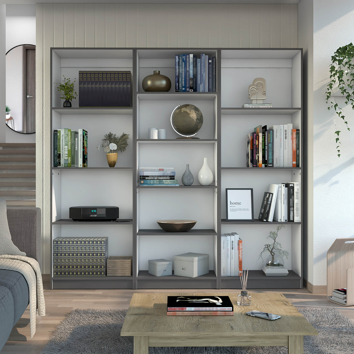 Lainor 3 Piece Home Bookcase set, 74" Wide with 13 Shelves ,  Living Room Set Set Matt Gray - White