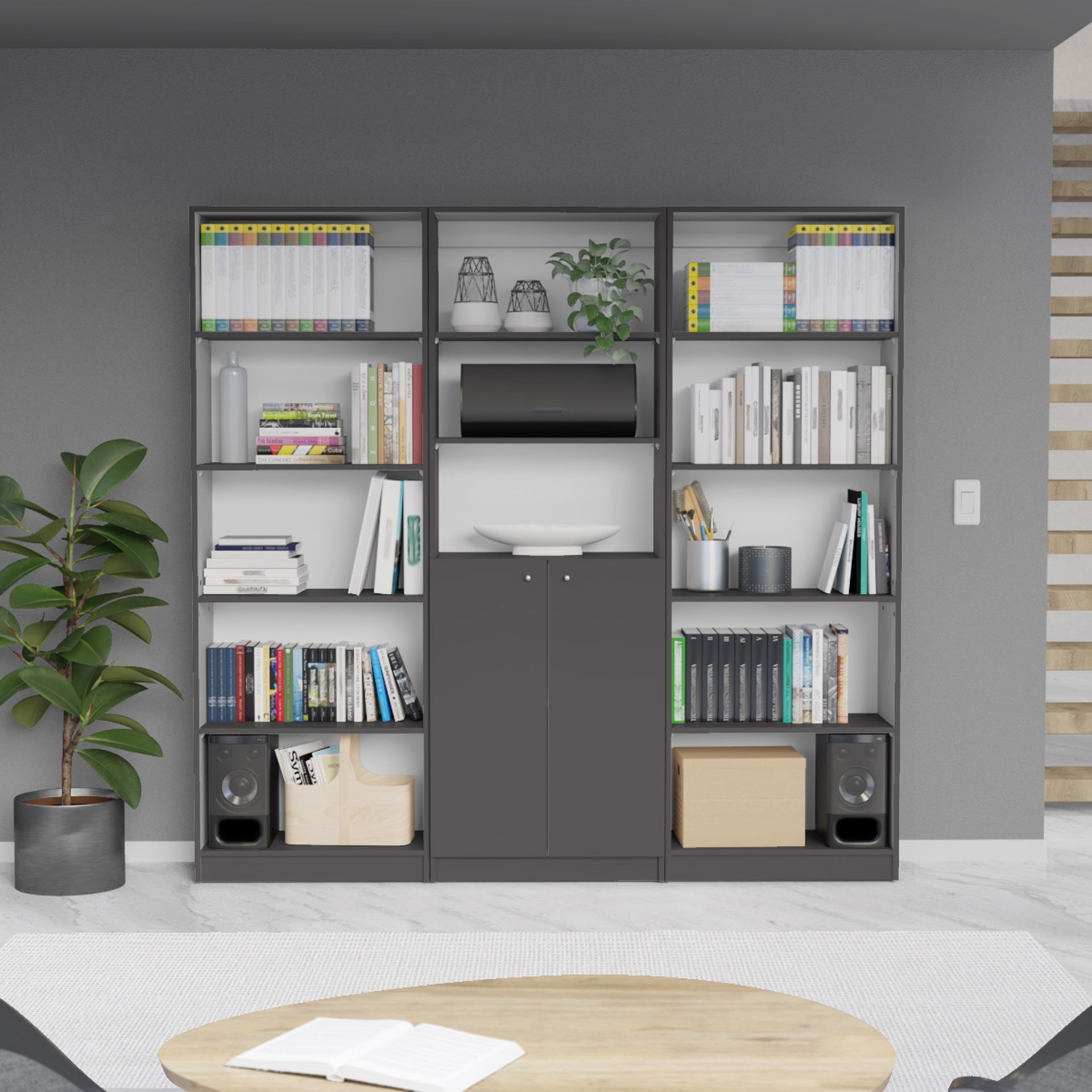 Lecanto 3 Piece Home Bookcase set, 74" Wide with 13 Shelves and 2-door Cabinet ,  Living Room Set  Matt Gray / White