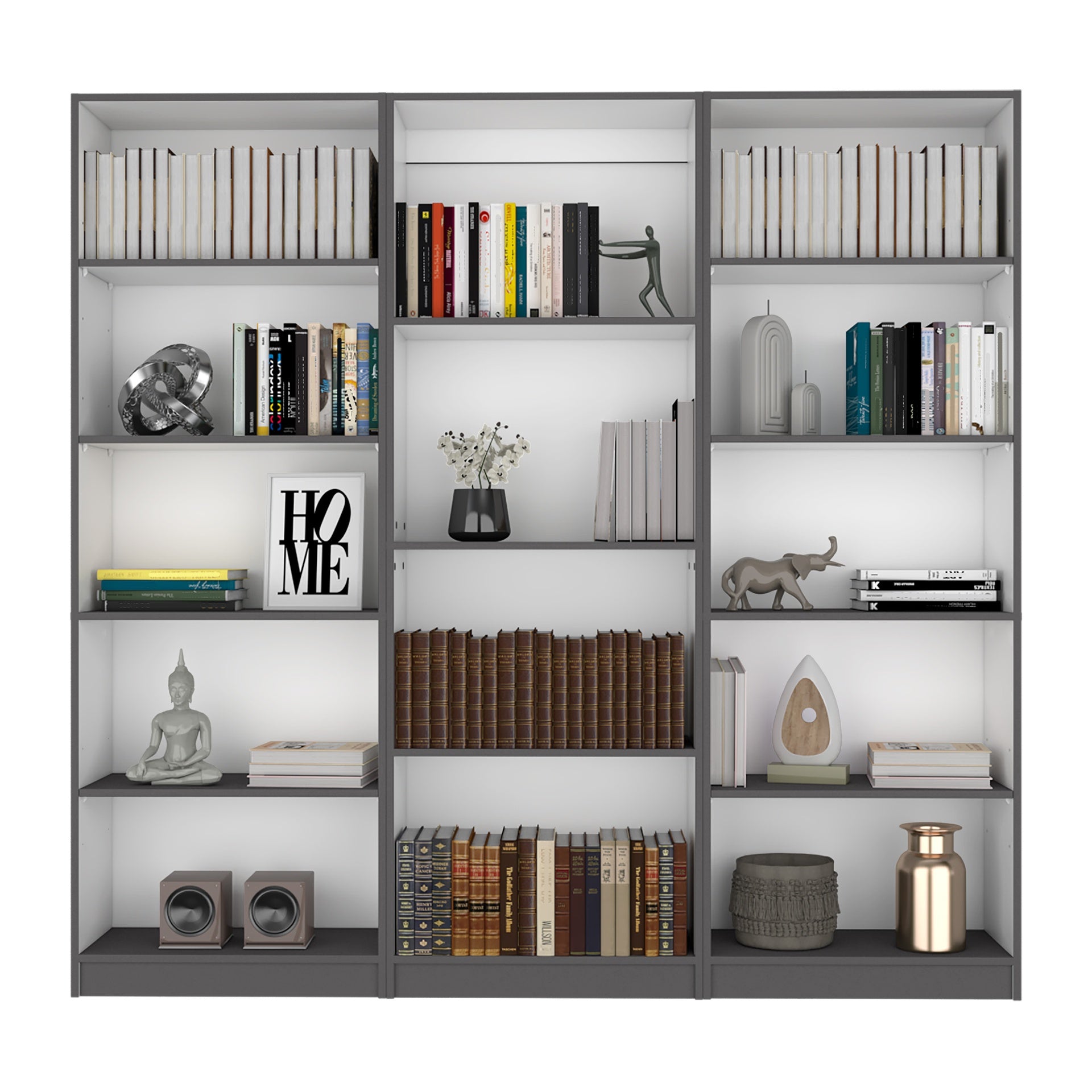 Bartow 3 Piece Home Bookcase set, 74" Wide with 14 Shelves ,  Living Room Set Set Matt Gray - White