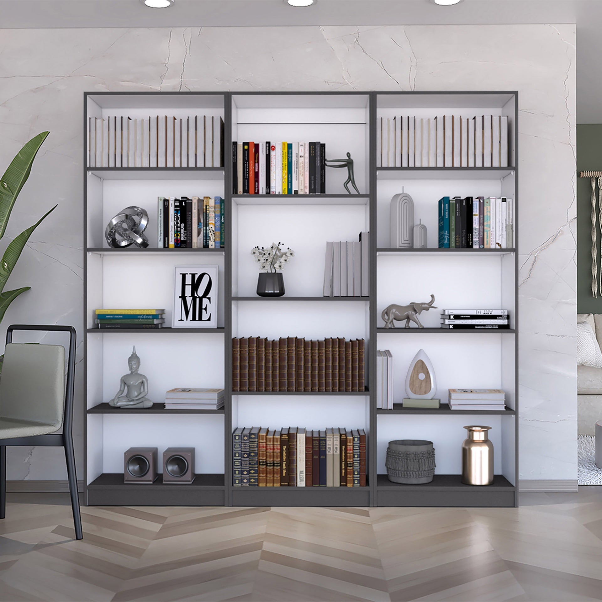 Bartow 3 Piece Home Bookcase set, 74" Wide with 14 Shelves ,  Living Room Set Set Matt Gray - White