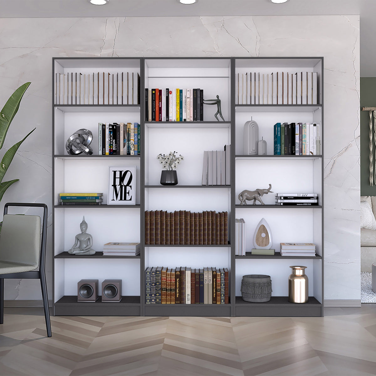 Bartow 3 Piece Home Bookcase set, 74" Wide with 14 Shelves ,  Living Room Set Set Matt Gray - White