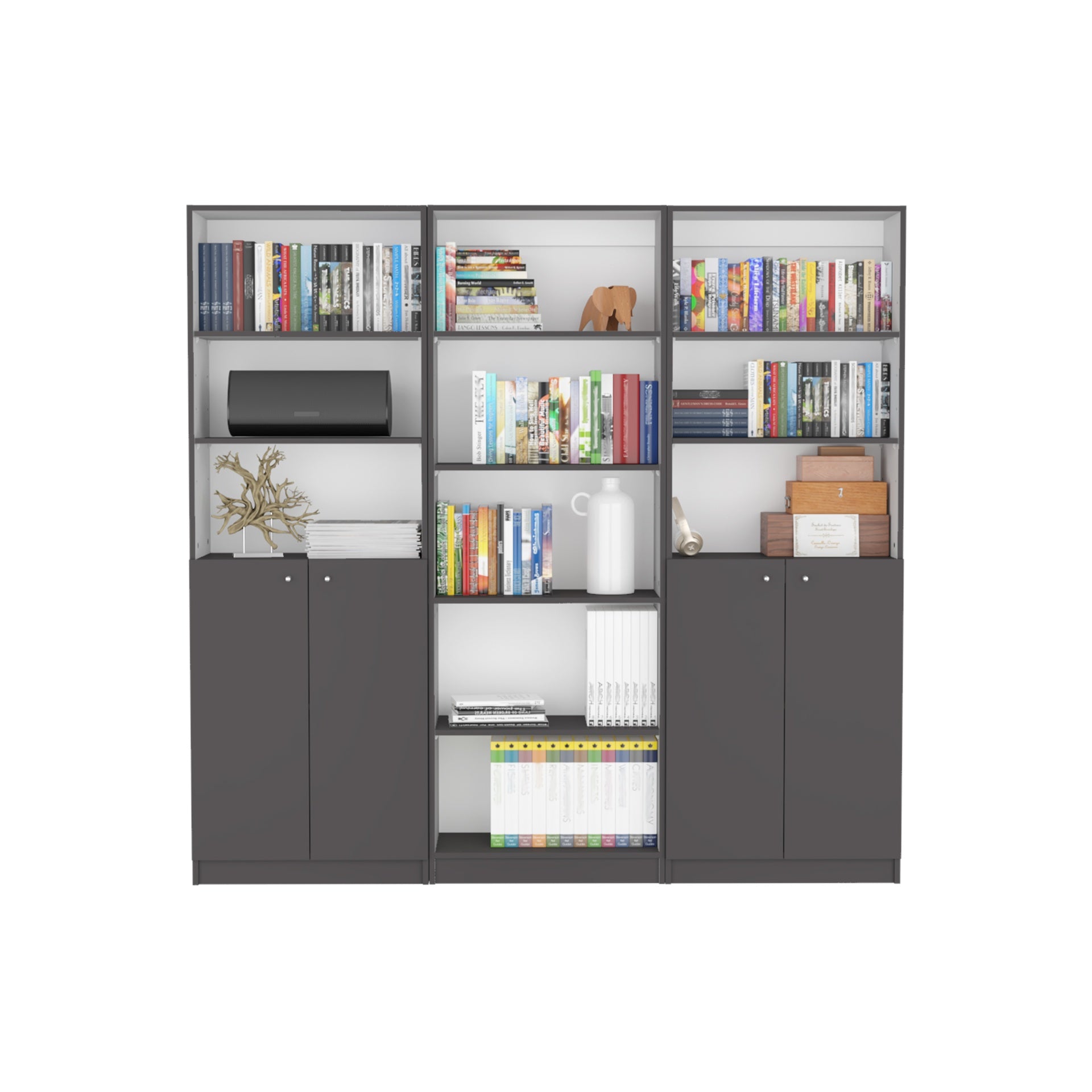 Arbor 3 Piece Home Bookcase set, 74" Wide with 11 Shelves and Two Double-Door Cabinet ,  Living Room Set  Matt Gray / White