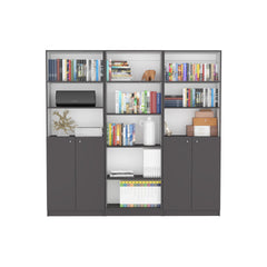 Arbor 3 Piece Home Bookcase set, 74" Wide with 11 Shelves and Two Double-Door Cabinet ,  Living Room Set  Matt Gray / White