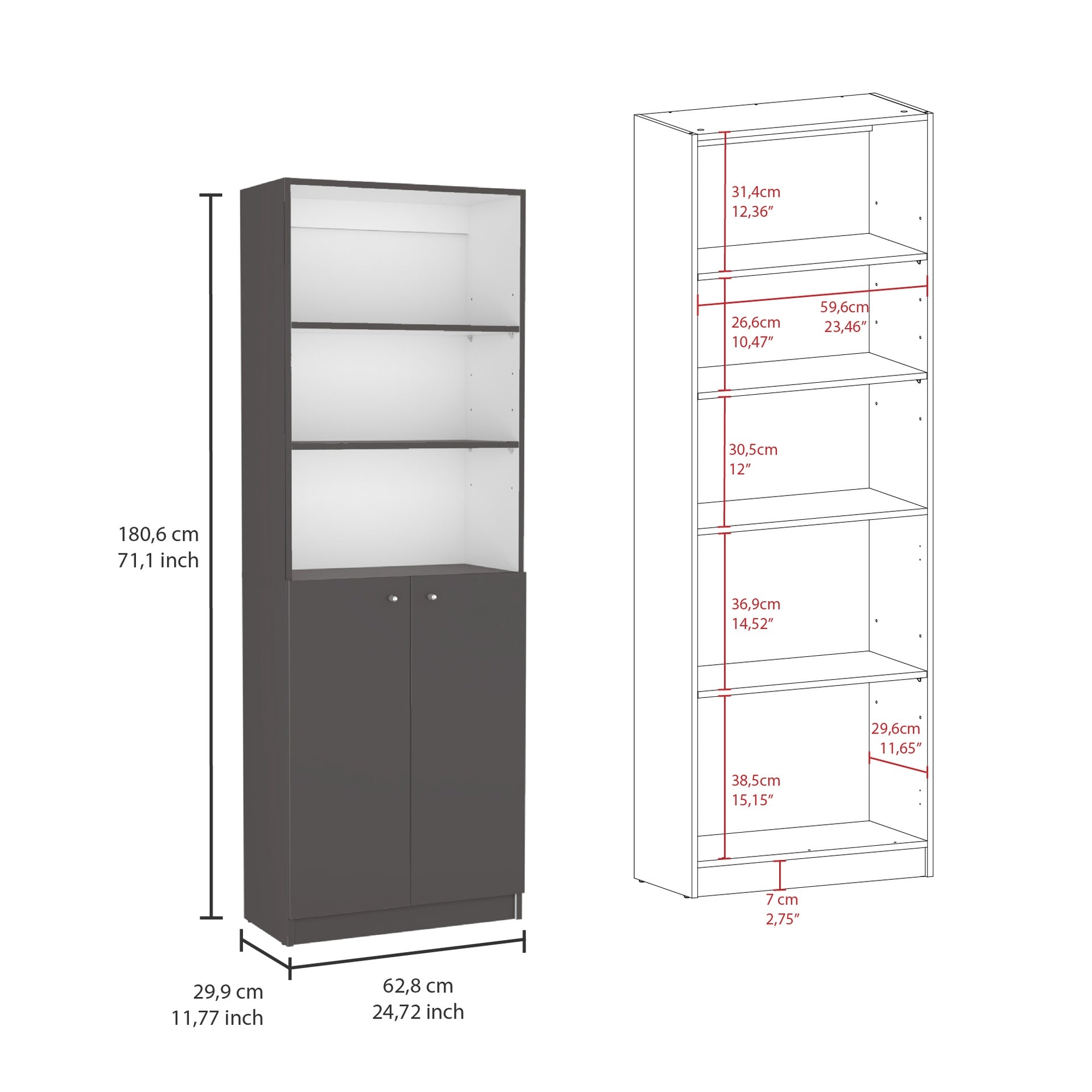 Arbor 3 Piece Home Bookcase set, 74" Wide with 11 Shelves and Two Double-Door Cabinet ,  Living Room Set  Matt Gray / White