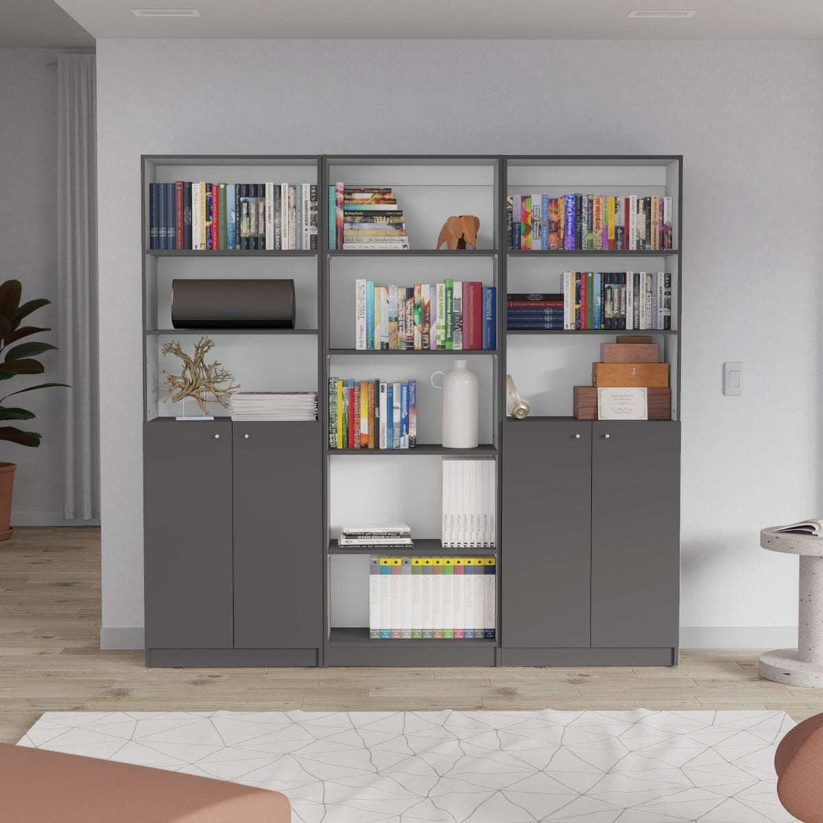 Arbor 3 Piece Home Bookcase set, 74" Wide with 11 Shelves and Two Double-Door Cabinet ,  Living Room Set  Matt Gray / White