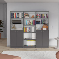 Arbor 3 Piece Home Bookcase set, 74" Wide with 11 Shelves and Two Double-Door Cabinet ,  Living Room Set  Matt Gray / White