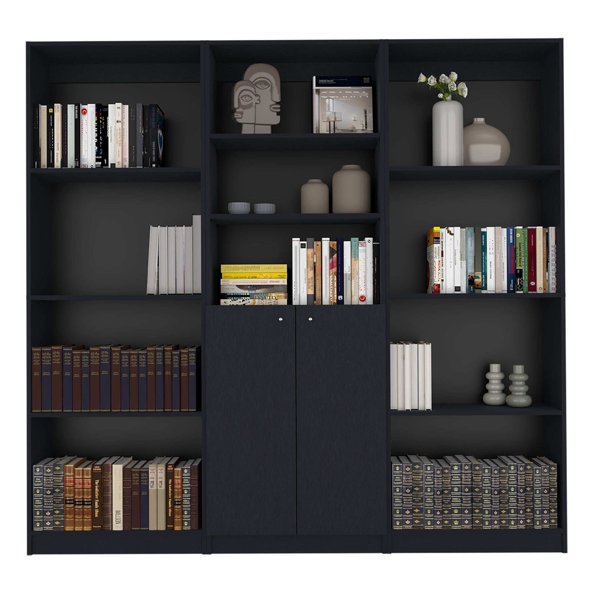 Duette 3 Piece Home Bookcase set, 74" Wide with 11 Shelves and Two-Door Cabinet ,  Living Room Set Set  Black