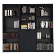 Duette 3 Piece Home Bookcase set, 74" Wide with 11 Shelves and Two-Door Cabinet ,  Living Room Set Set  Black