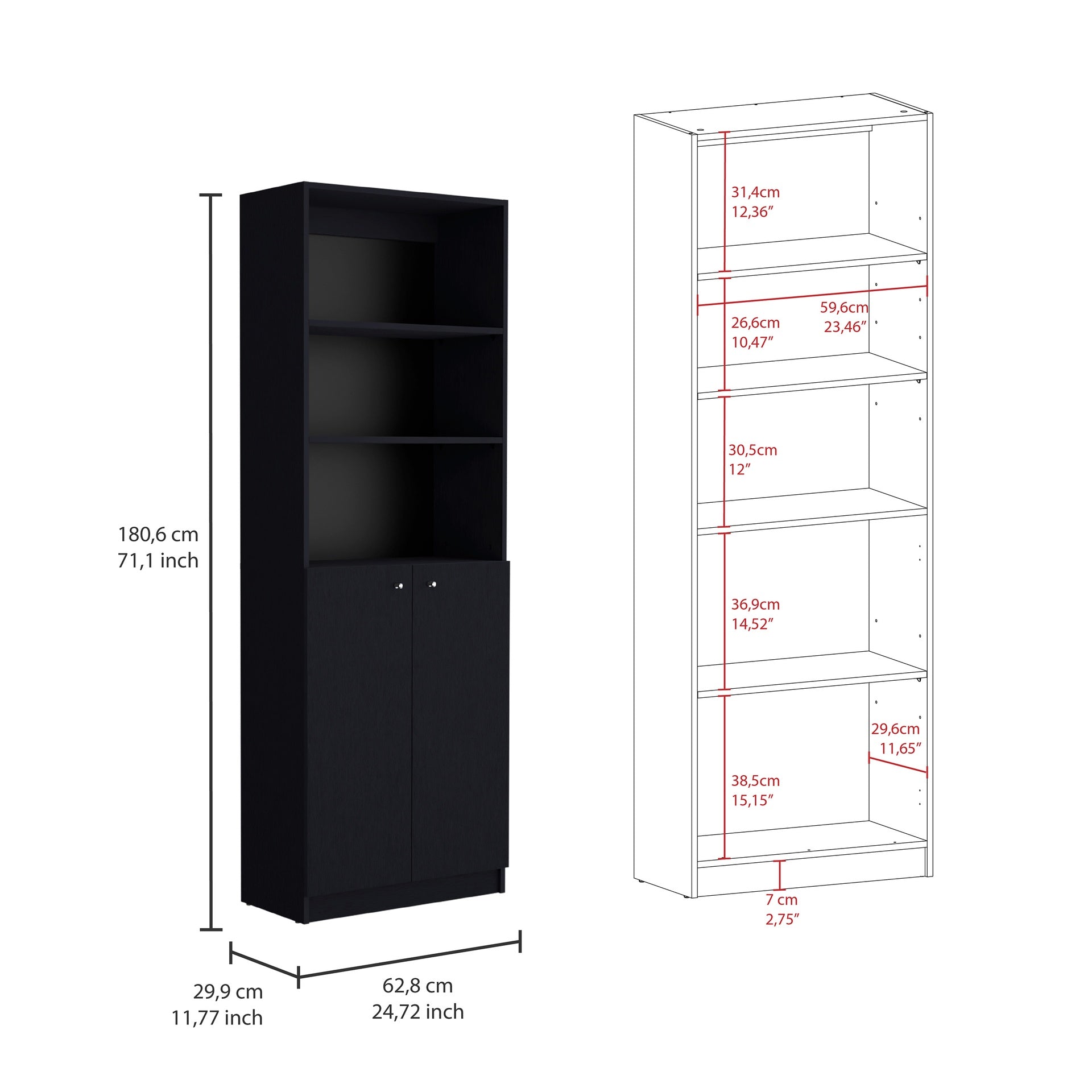 Hialeah 3 Piece Home Bookcase set, 74" Wide with 10 Shelves and Two Double-Door Cabinet ,  Living Room Set Set  Black