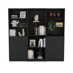 Hialeah 3 Piece Home Bookcase set, 74" Wide with 10 Shelves and Two Double-Door Cabinet ,  Living Room Set Set  Black