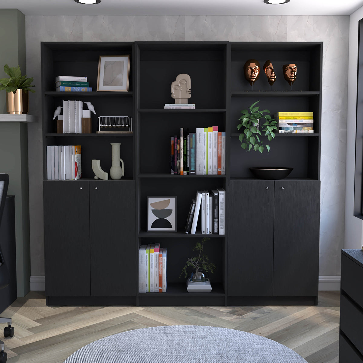 Hialeah 3 Piece Home Bookcase set, 74" Wide with 10 Shelves and Two Double-Door Cabinet ,  Living Room Set Set  Black