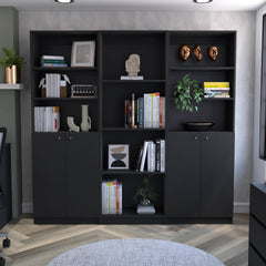 Hialeah 3 Piece Home Bookcase set, 74" Wide with 10 Shelves and Two Double-Door Cabinet ,  Living Room Set Set  Black