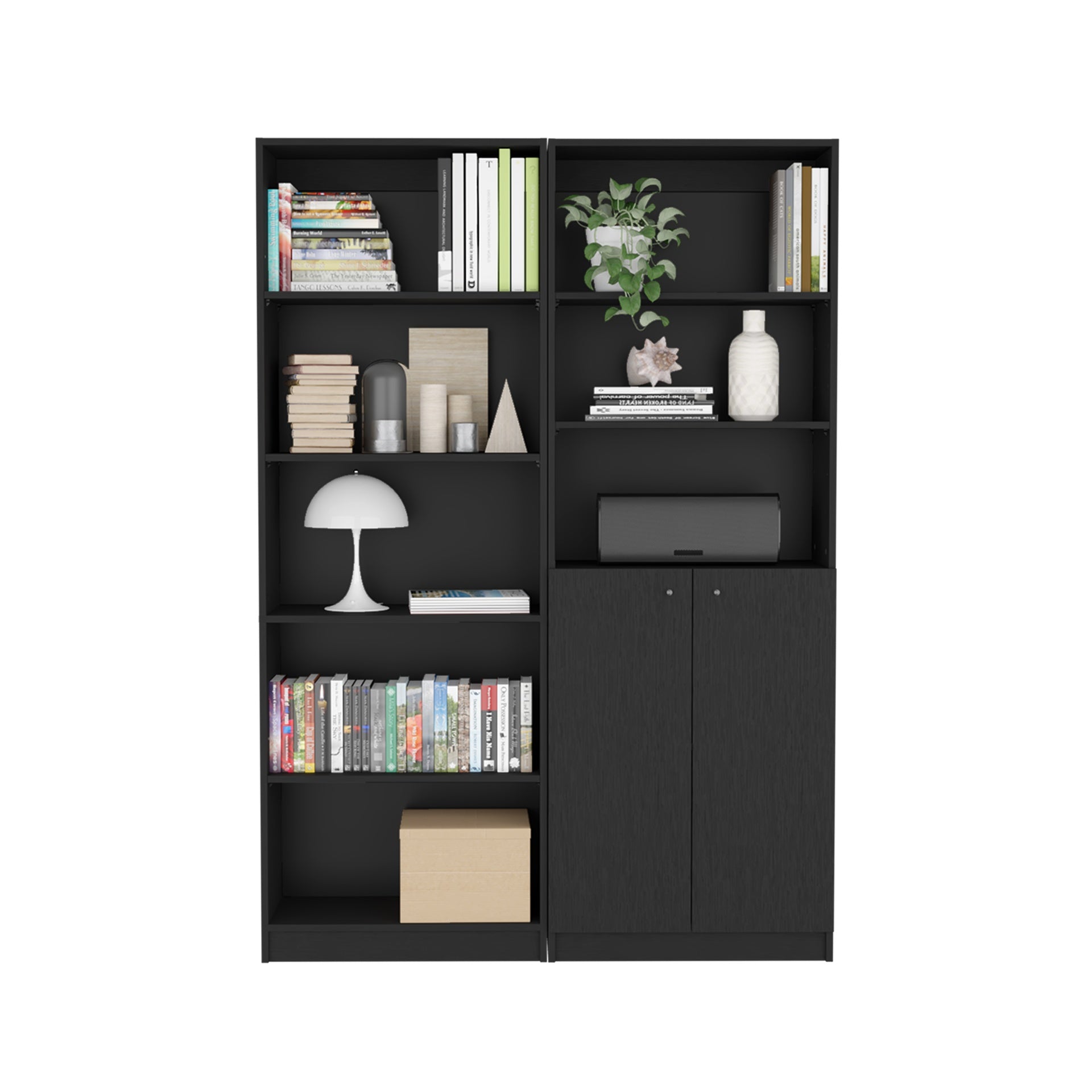 Layton 2 Piece Home Bookcase set, 49" Wide with 8 Shelves and Double Door Cabinet, Living Room Set Black