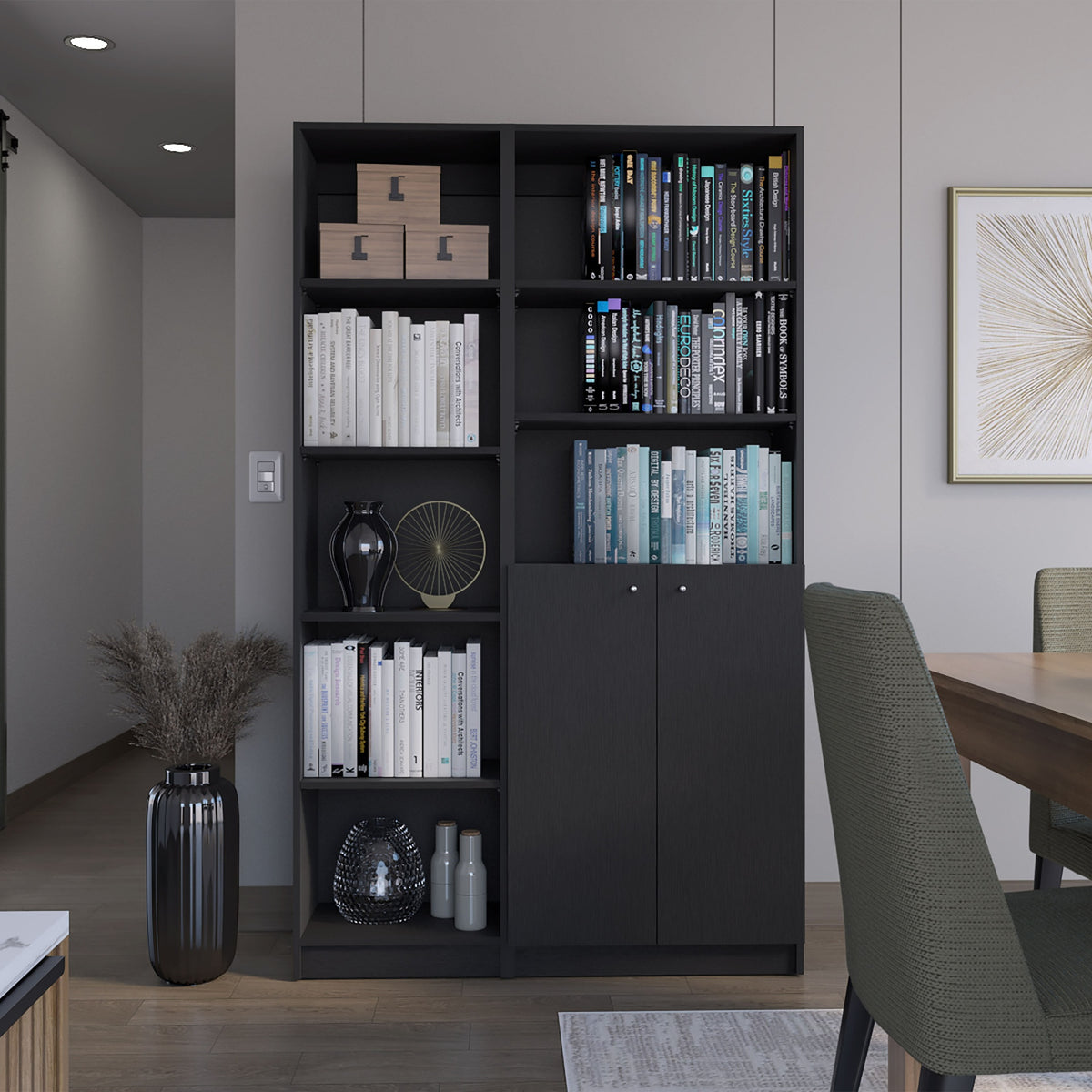 Micco 2 Piece 2 Piece Home Bookcase set, 42" Wide  with 8 Shelves and Double Door Cabinet, Living Room Set Black