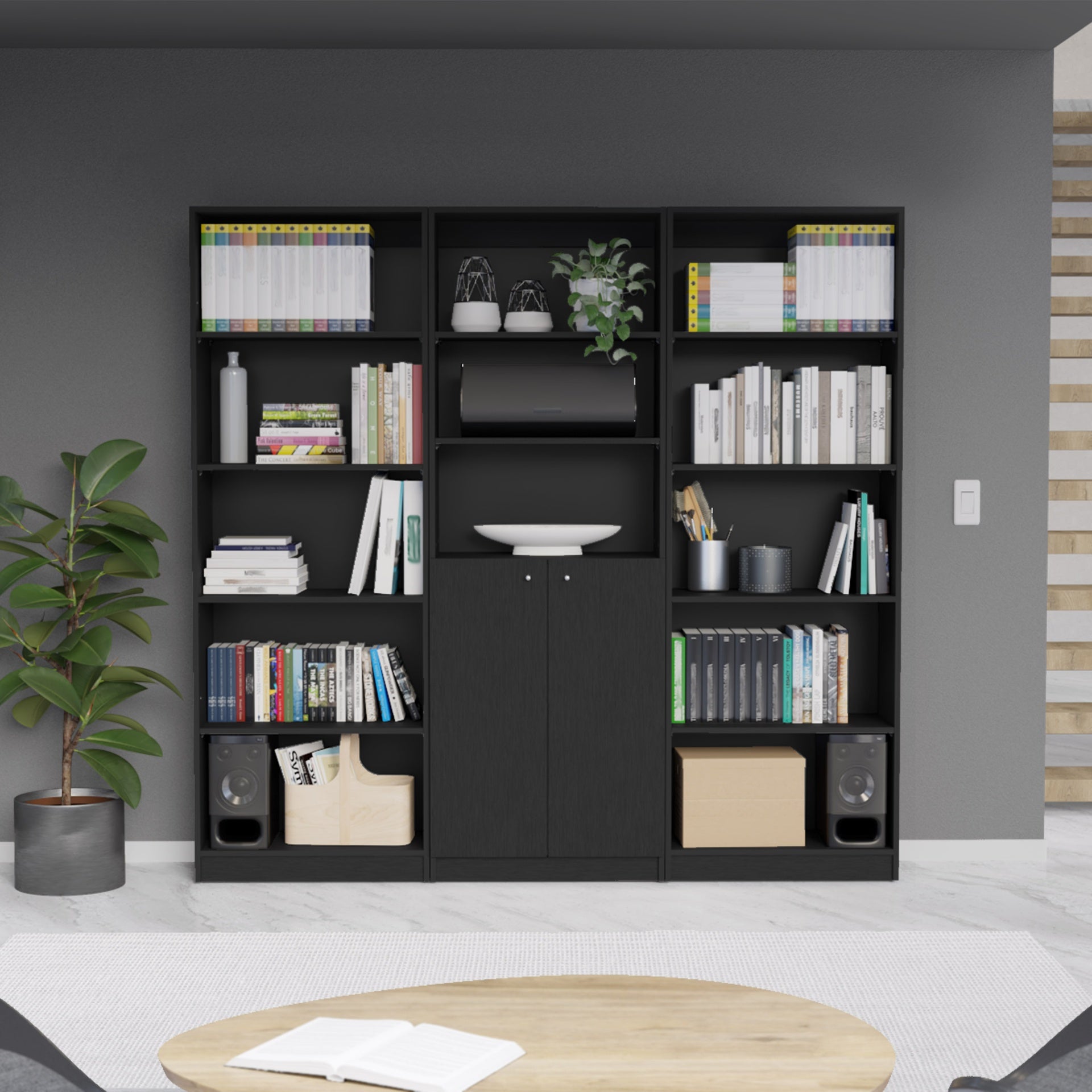 Lecanto 3 Piece Home Bookcase set, 74" Wide with 13 Shelves and Two-Door Cabinet ,  Living Room Set Set  Black