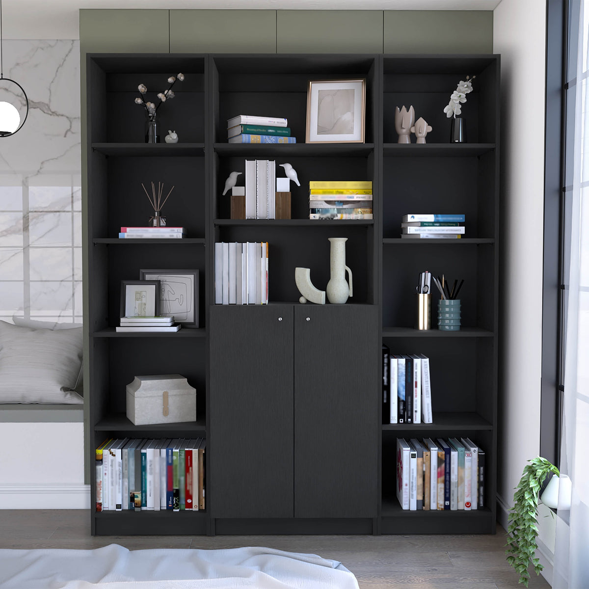 June 3 Piece Home Bookcase set, 60" Wide with 13 Shelves and Two-Door Cabinet ,  Living Room Set Set  Black
