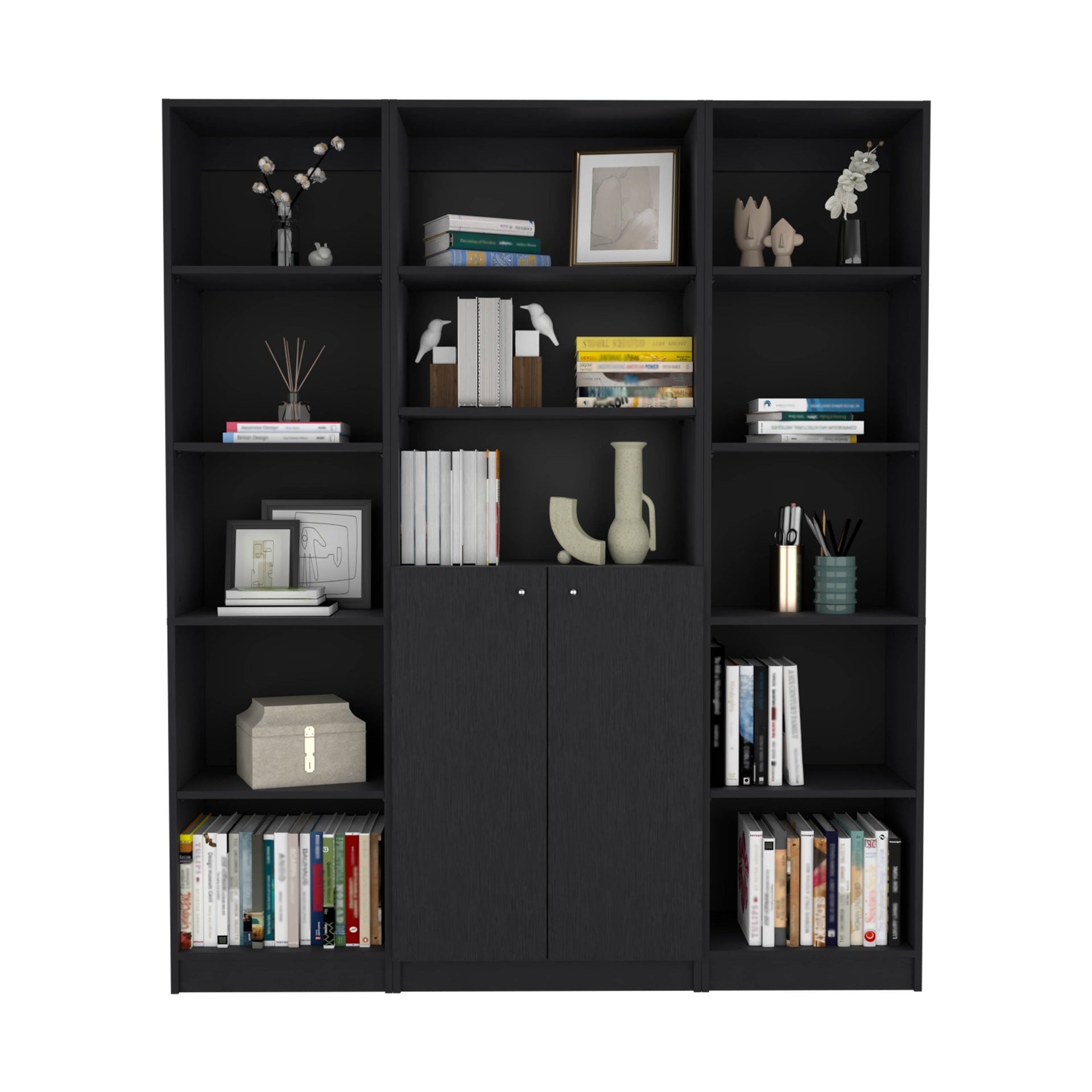 June 3 Piece Home Bookcase set, 60" Wide with 13 Shelves and Two-Door Cabinet ,  Living Room Set Set  Black