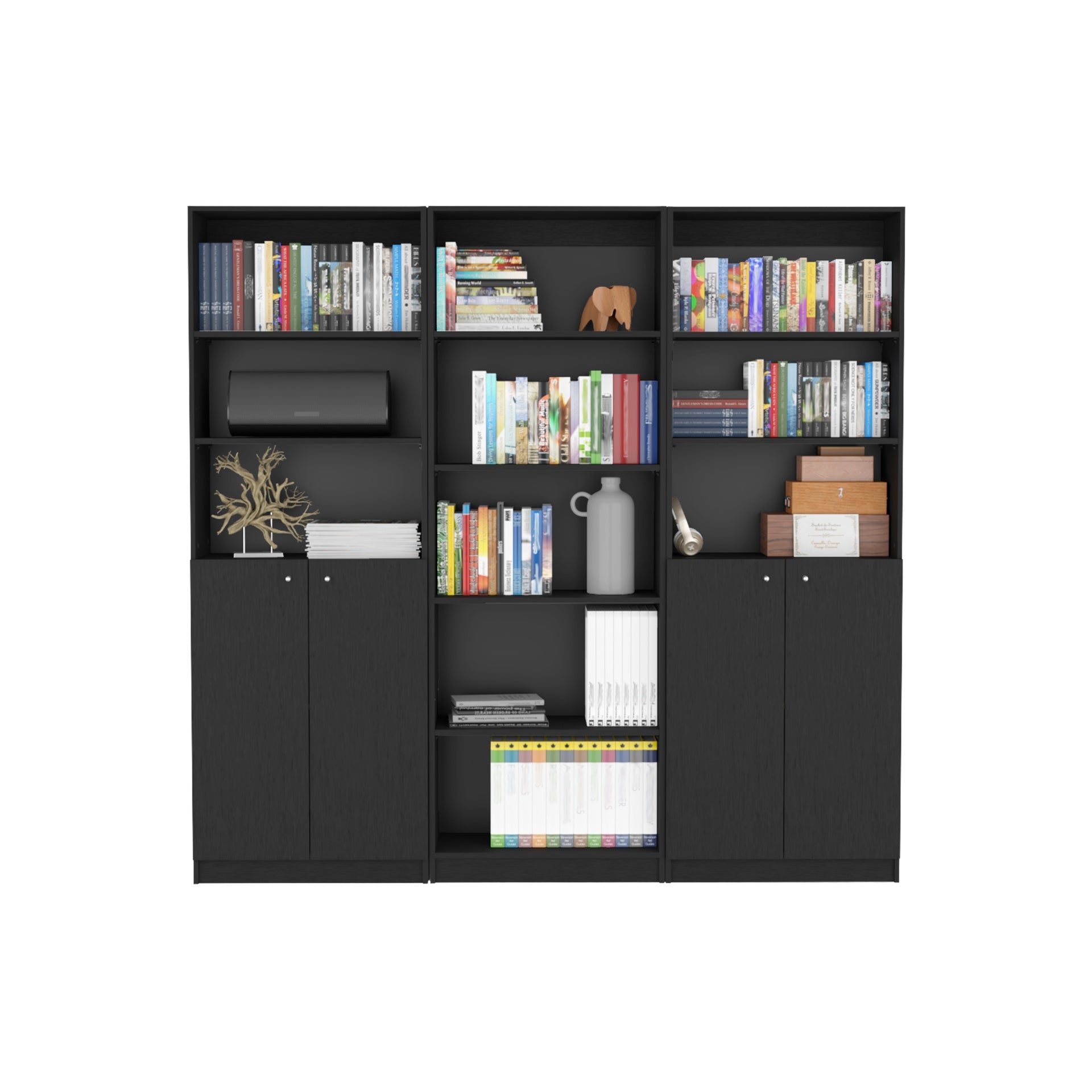 Arbor 3 Piece Home Bookcase set, 74" Wide with 11 Shelves and Two Double-Door Cabinet ,  Living Room Set Set  Black
