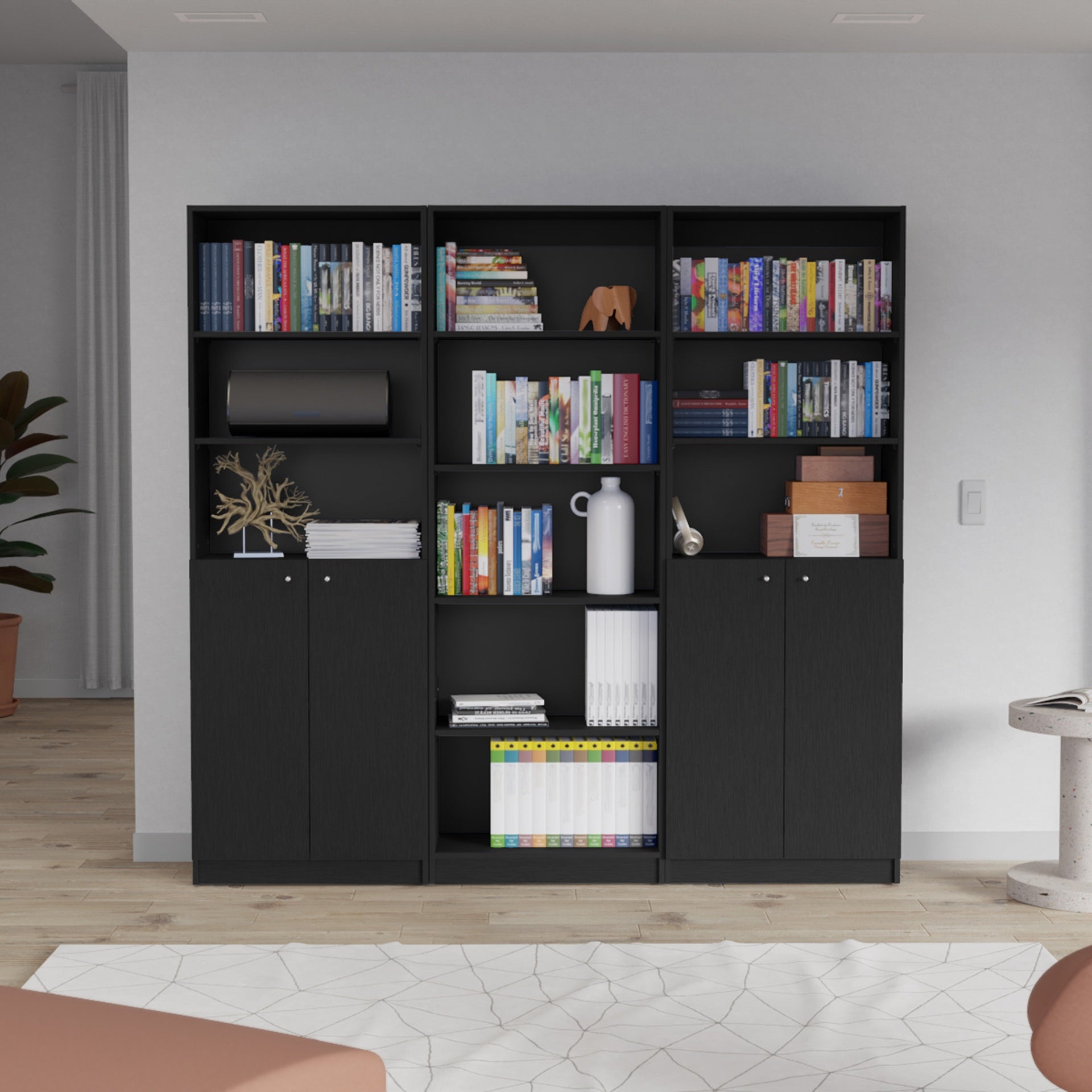 Arbor 3 Piece Home Bookcase set, 74" Wide with 11 Shelves and Two Double-Door Cabinet ,  Living Room Set Set  Black