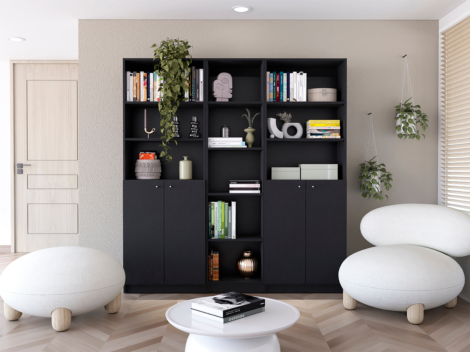 Acres 3 Piece Home Bookcase set, 67" Wide with 11 Shelves and Two Double-Door Cabinet ,  Living Room Set Set  Black