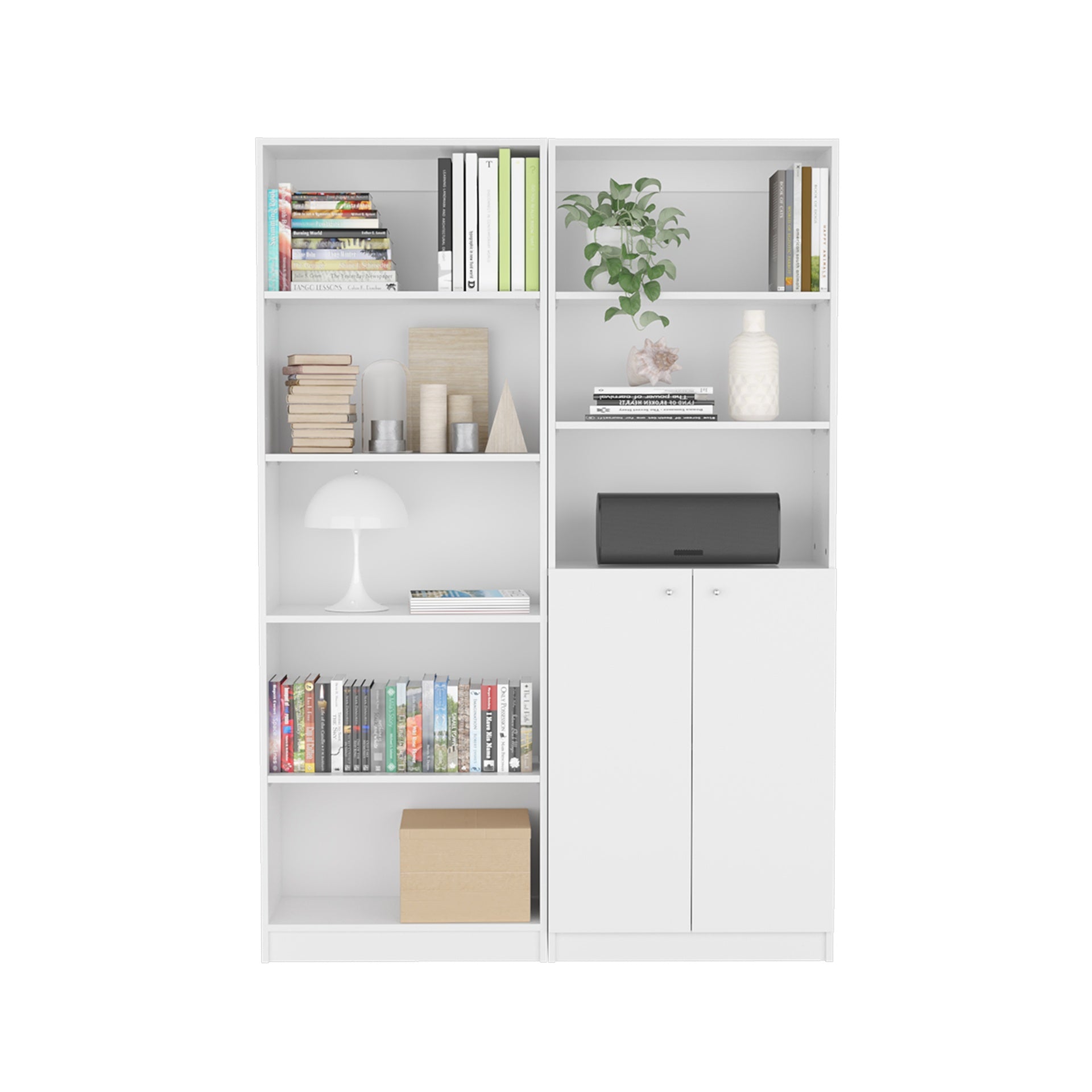Layton 2 Piece Home Bookcase set, 49" Wide with 8 Shelves and Double Door Cabinet, Living Room Set White