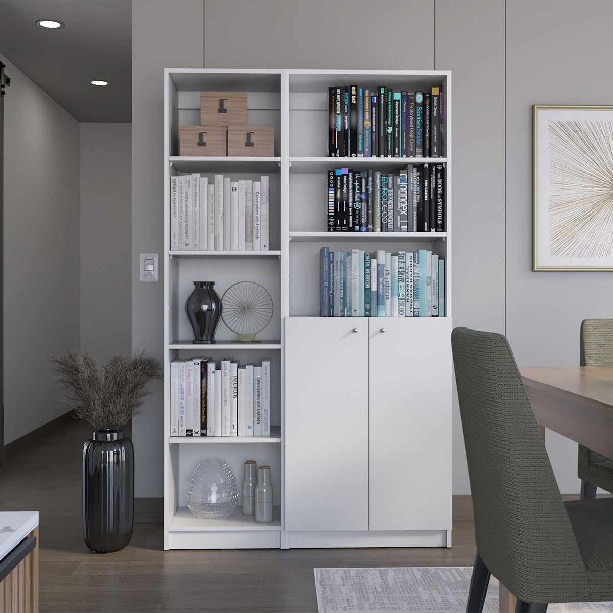 Micco 2 Piece 2 Piece Home Bookcase set, 42" Wide  with 8 Shelves and Double Door Cabinet, Living Room Set White
