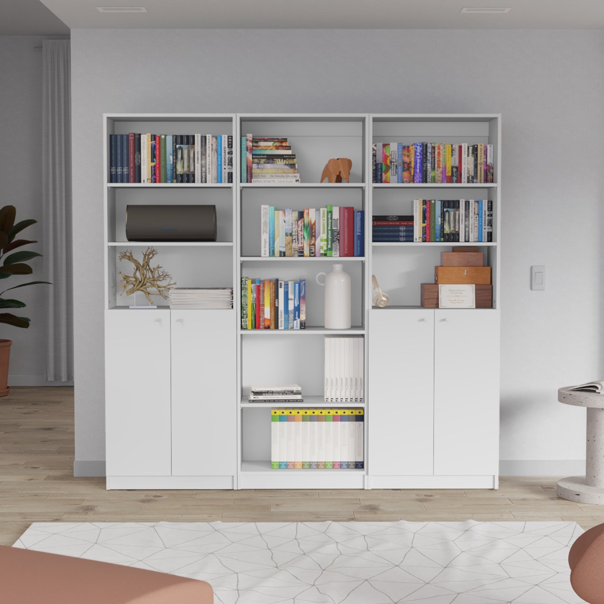Arbor 3 Piece Home Bookcase set, 74" Wide with 11 Shelves and Two Double-Door Cabinet ,  Living Room Set  White