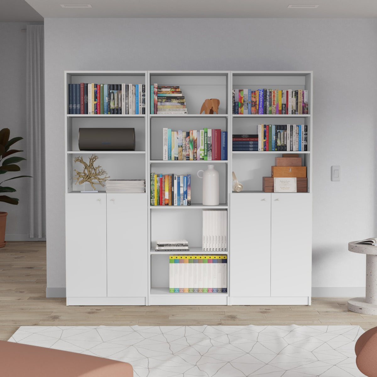 Arbor 3 Piece Home Bookcase set, 74" Wide with 11 Shelves and Two Double-Door Cabinet ,  Living Room Set  White