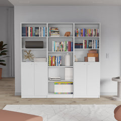 Arbor 3 Piece Home Bookcase set, 74" Wide with 11 Shelves and Two Double-Door Cabinet ,  Living Room Set  White