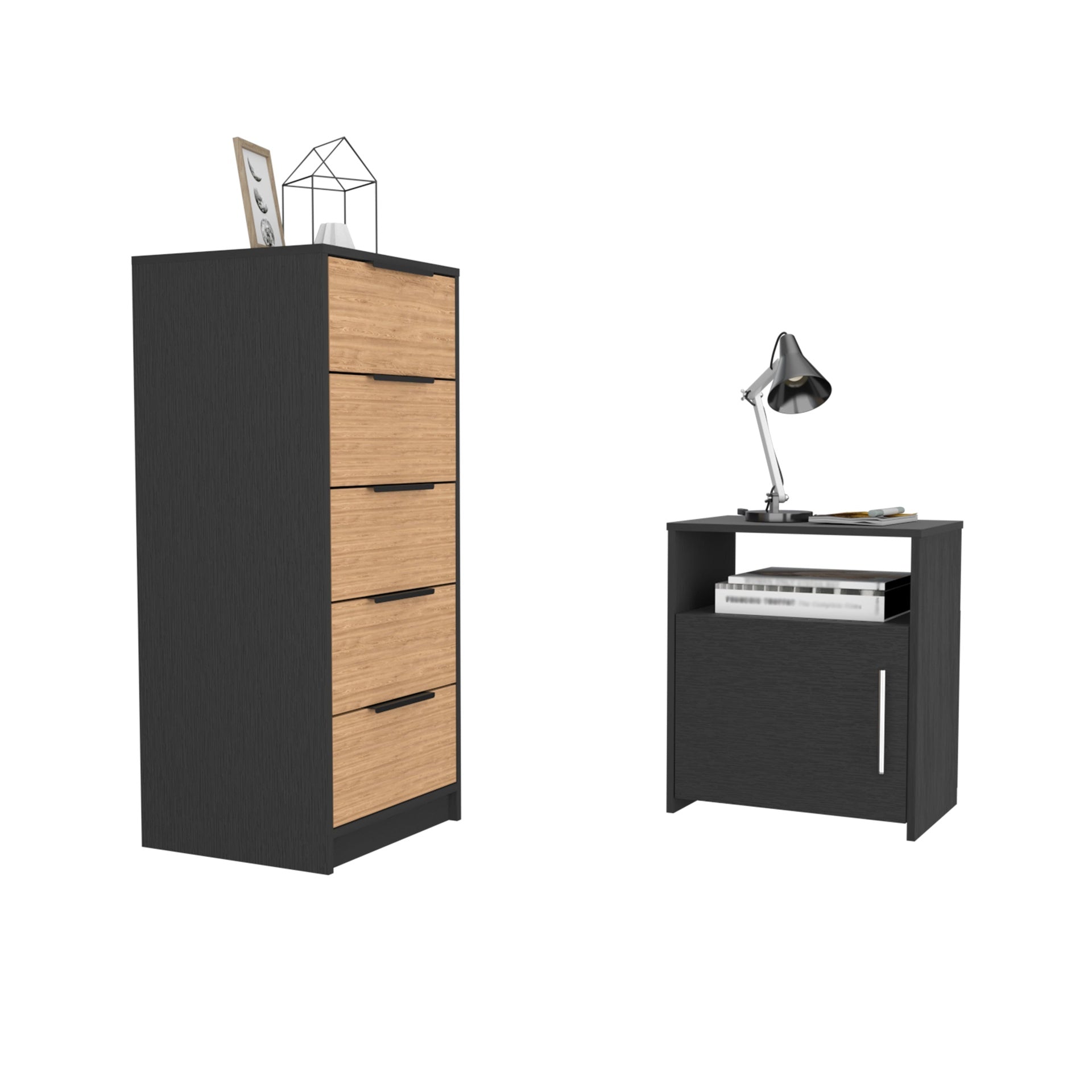 2 Piece Bedroom Set, Egeo 5 Drawer Dresser + Omaha Nightstand, Black / Light Oak