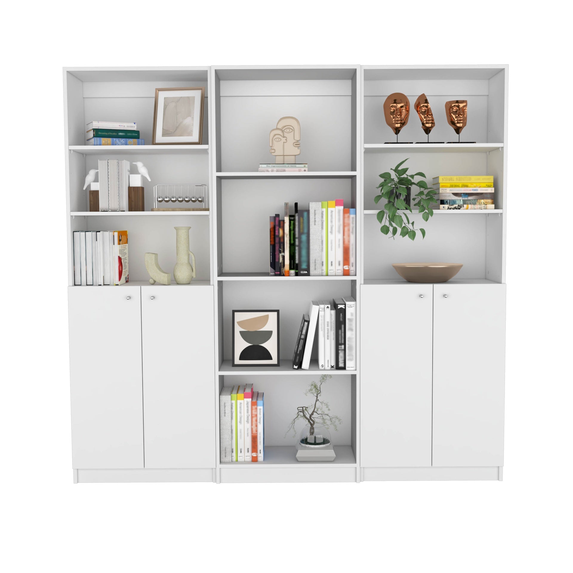 Hialeah 3 Piece Home Bookcase set, 74" Wide with 10 Shelves and Two Double-Door Cabinet ,  Living Room Set  White