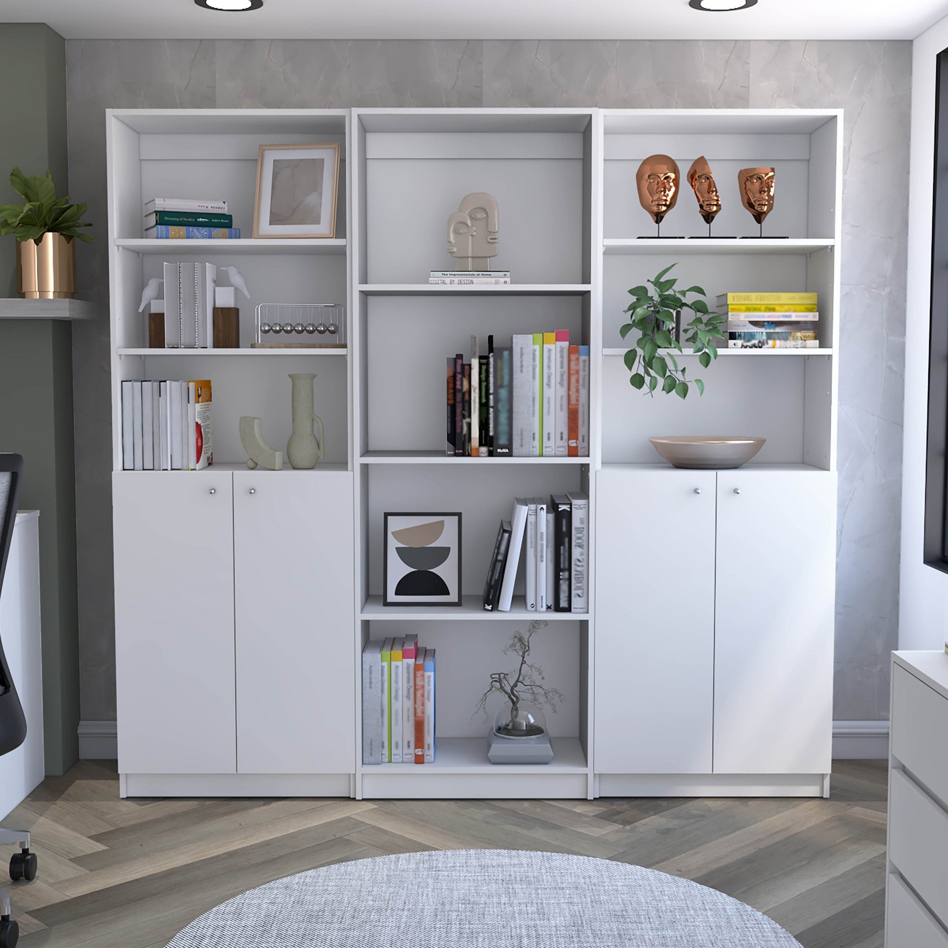 Hialeah 3 Piece Home Bookcase set, 74" Wide with 10 Shelves and Two Double-Door Cabinet ,  Living Room Set  White