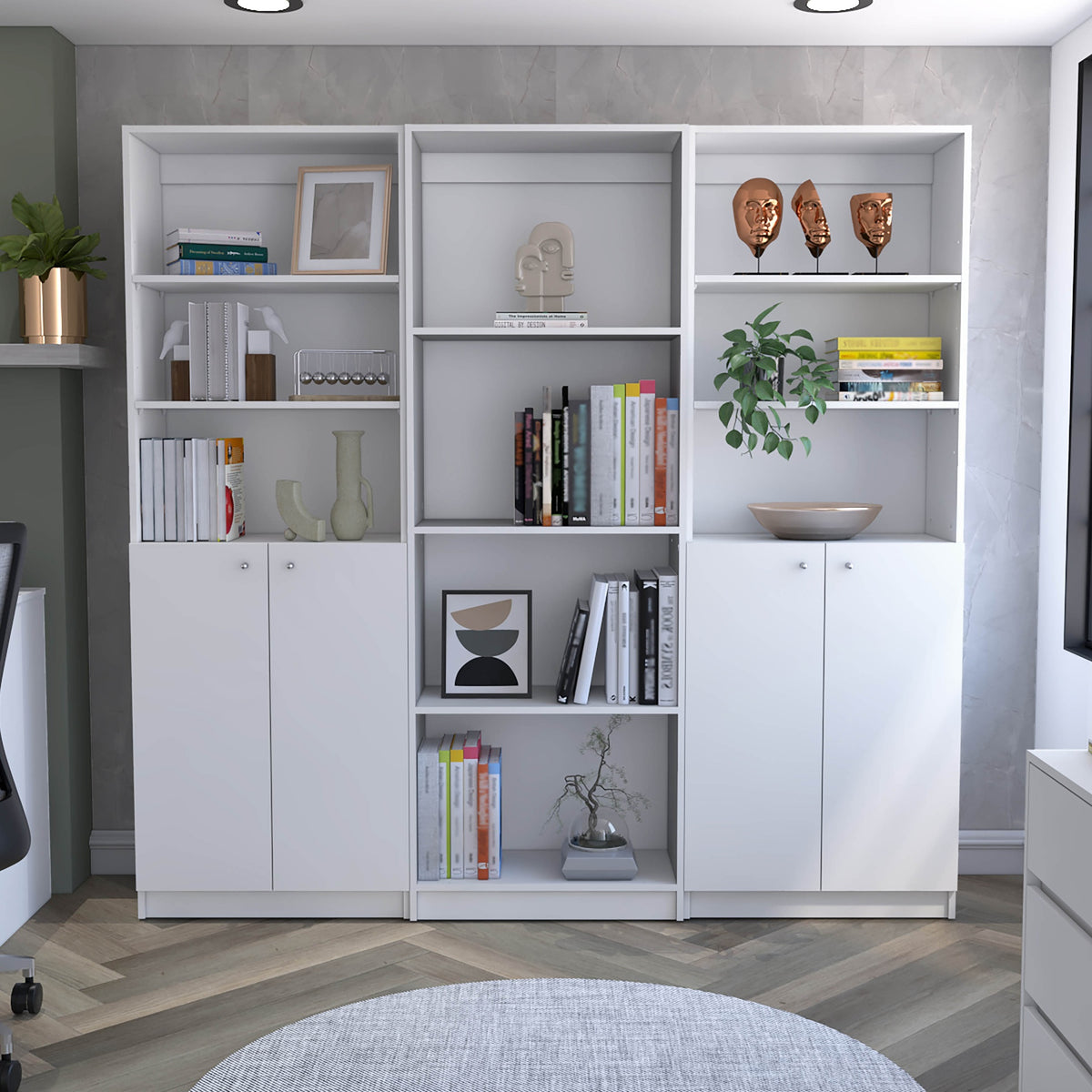 Hialeah 3 Piece Home Bookcase set, 74" Wide with 10 Shelves and Two Double-Door Cabinet ,  Living Room Set  White