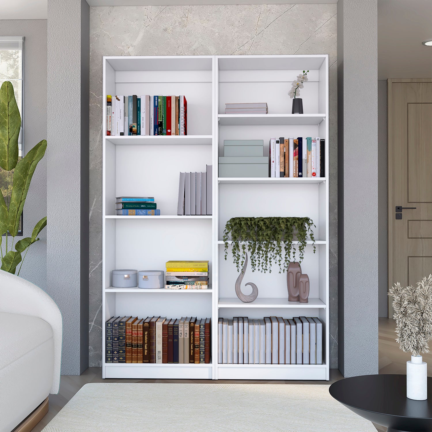 2 Piece Bookcase Living Room Set,  Storage Cabinet, 49" Wide and 9 Shelves Matt Gray / White