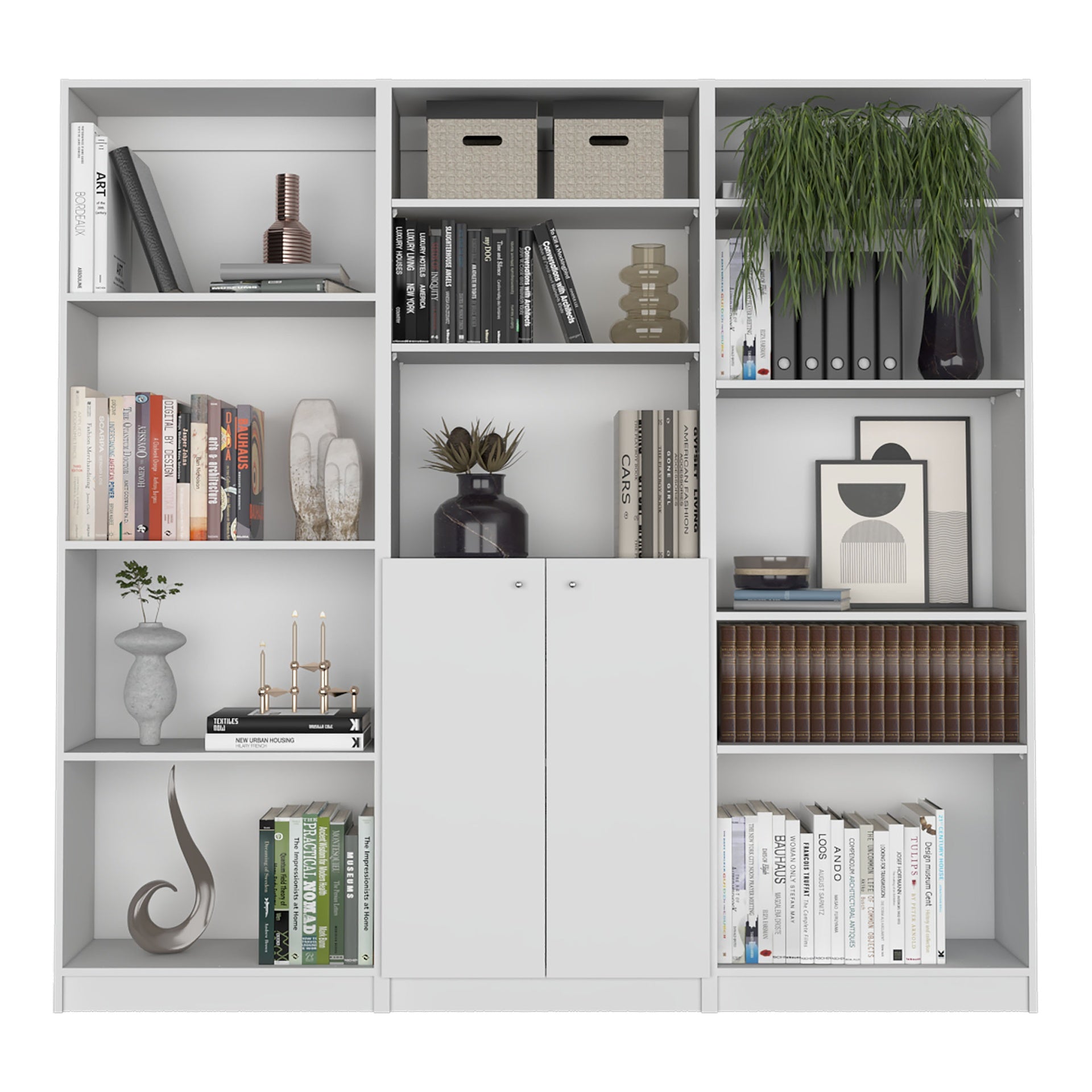 Aynor 3 Piece Home Bookcase set, 74" Wide with 12 Shelves and 2-door Cabinet ,  Living Room Set  White