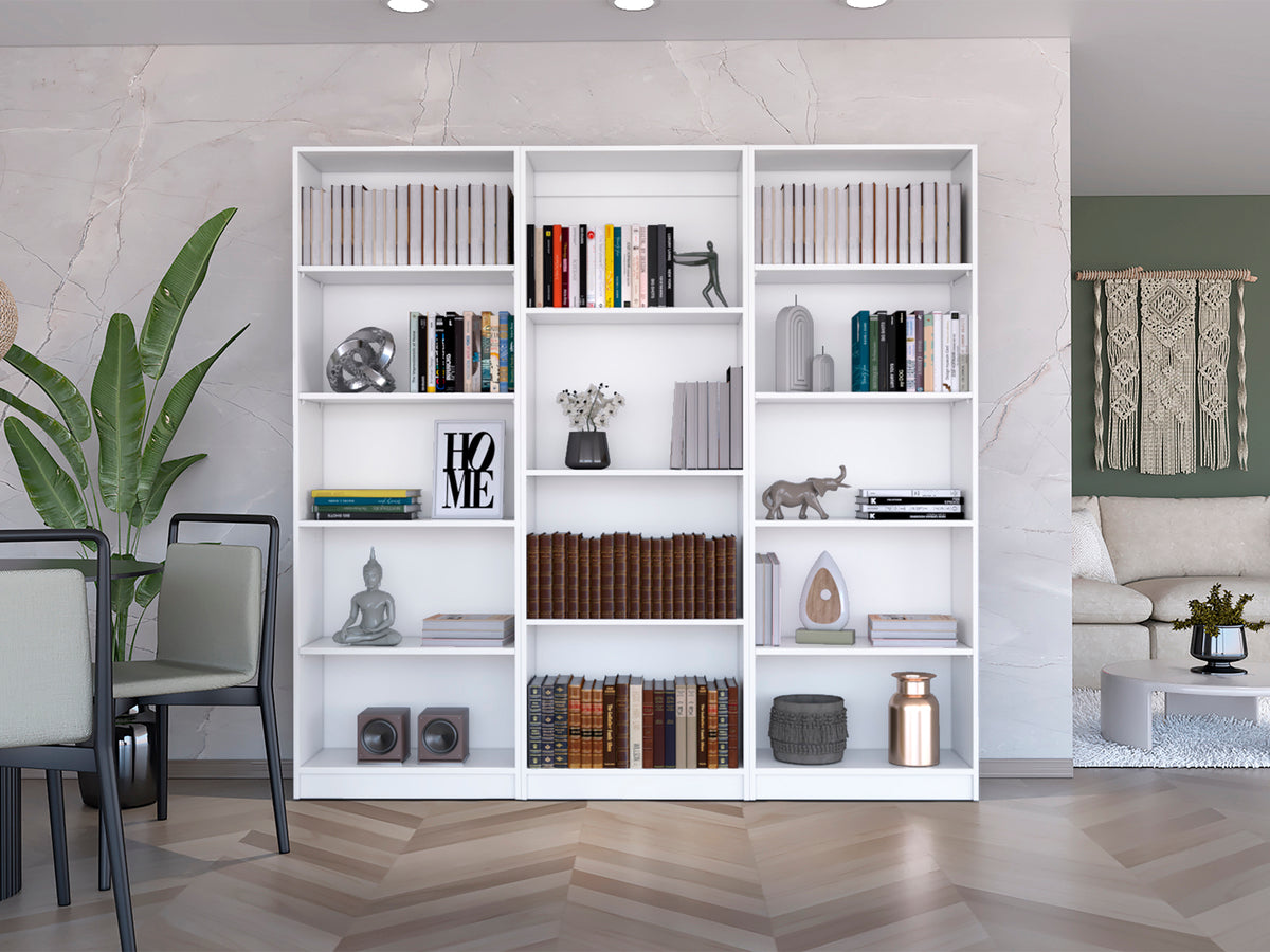 Bartow 3 Piece Home Bookcase set, 74" Wide with 14 Shelves ,  Living Room Set Set  White