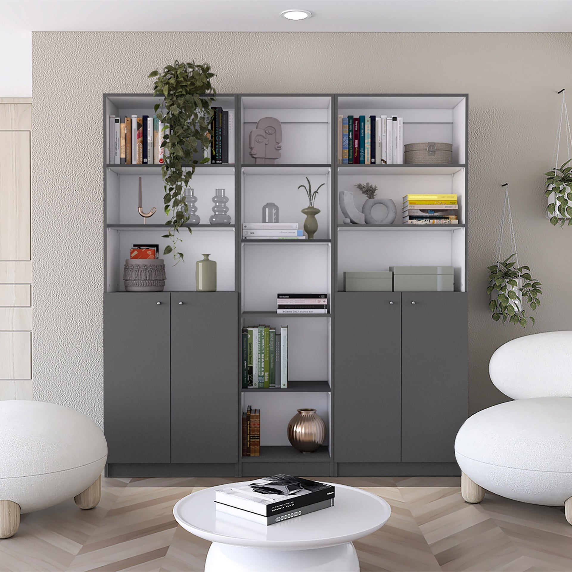Acres 3 Piece Home Bookcase set, 67" Wide with 11 Shelves and Two Double-Door Cabinet ,  Living Room Set  Matt Gray / White