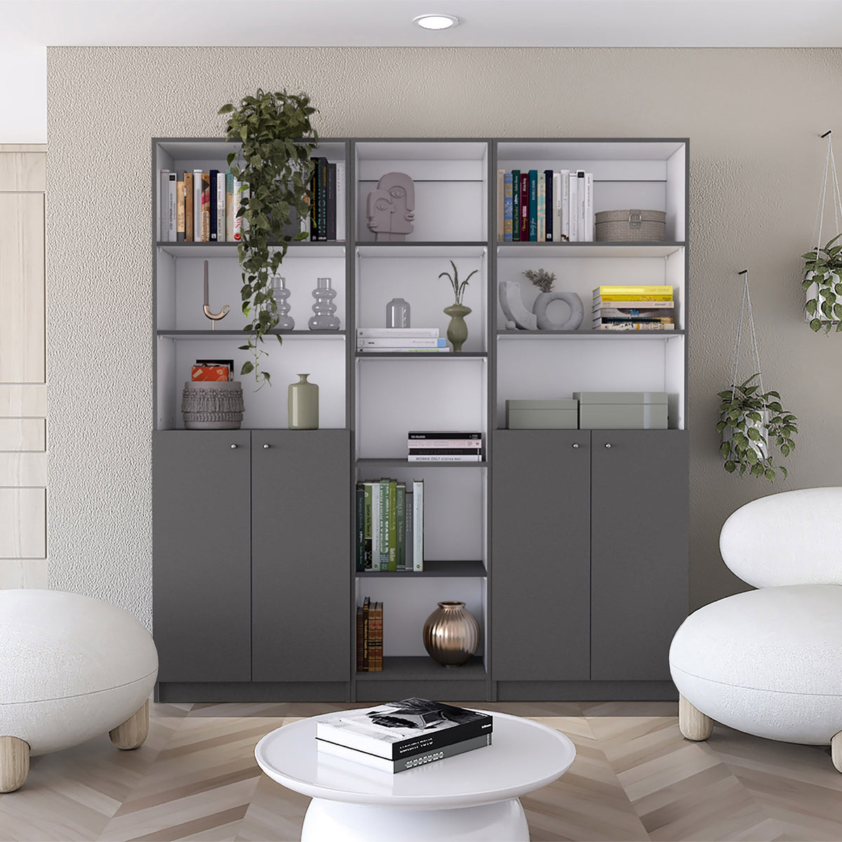 Acres 3 Piece Home Bookcase set, 67" Wide with 11 Shelves and Two Double-Door Cabinet ,  Living Room Set  Matt Gray / White