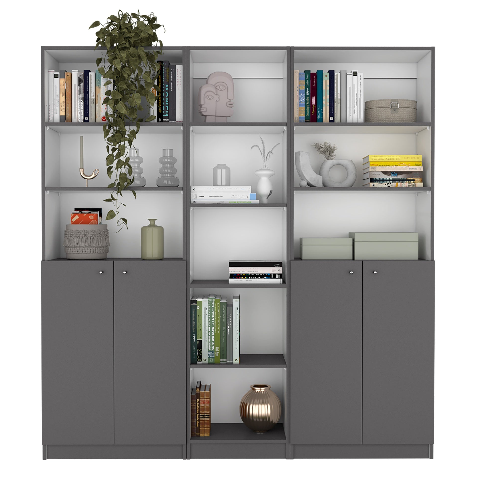 Acres 3 Piece Home Bookcase set, 67" Wide with 11 Shelves and Two Double-Door Cabinet ,  Living Room Set  Matt Gray / White