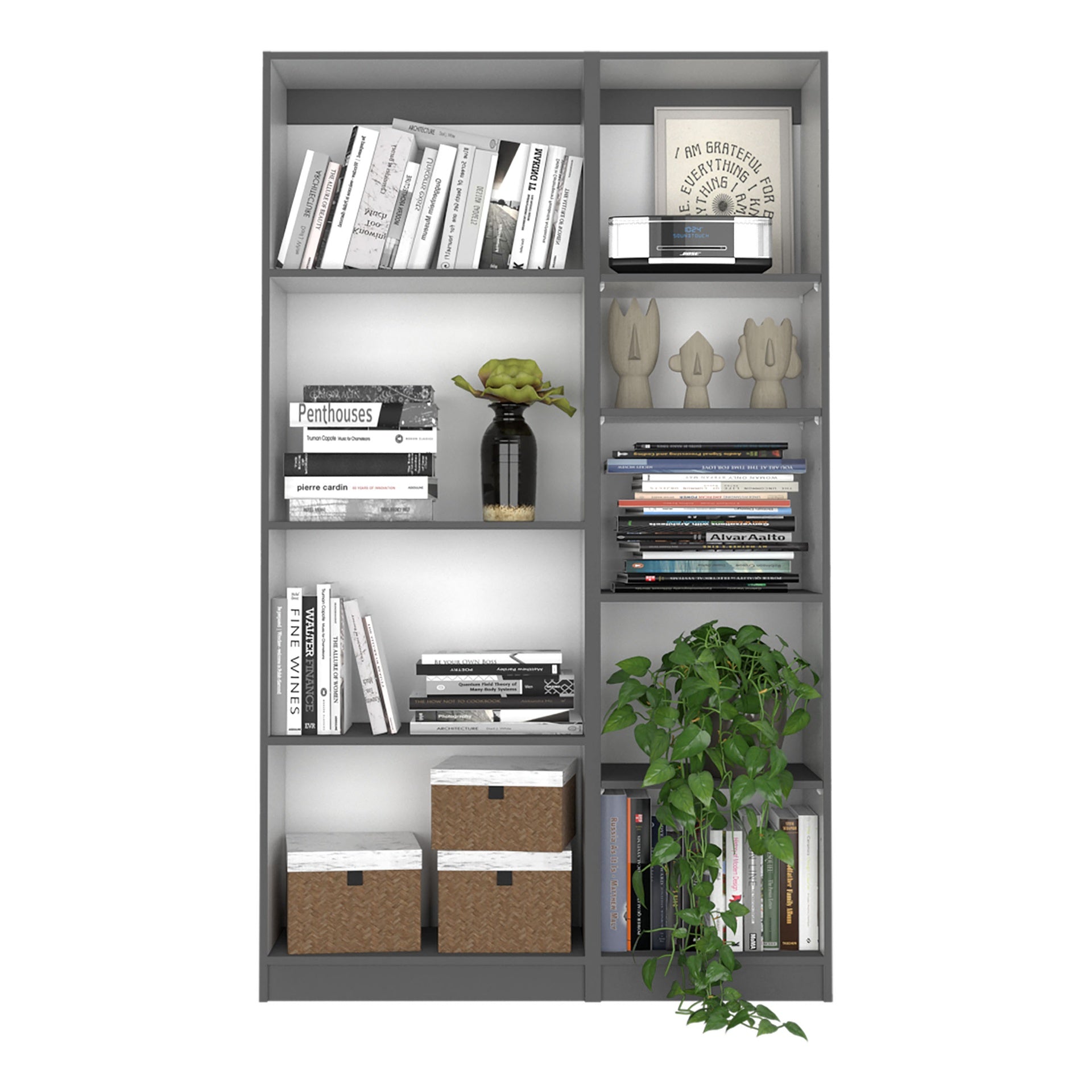 2 Piece Bookcase Living Room Set,  Storage Cabinet, 42" Wide and 9 Shelves Matt Gray / White