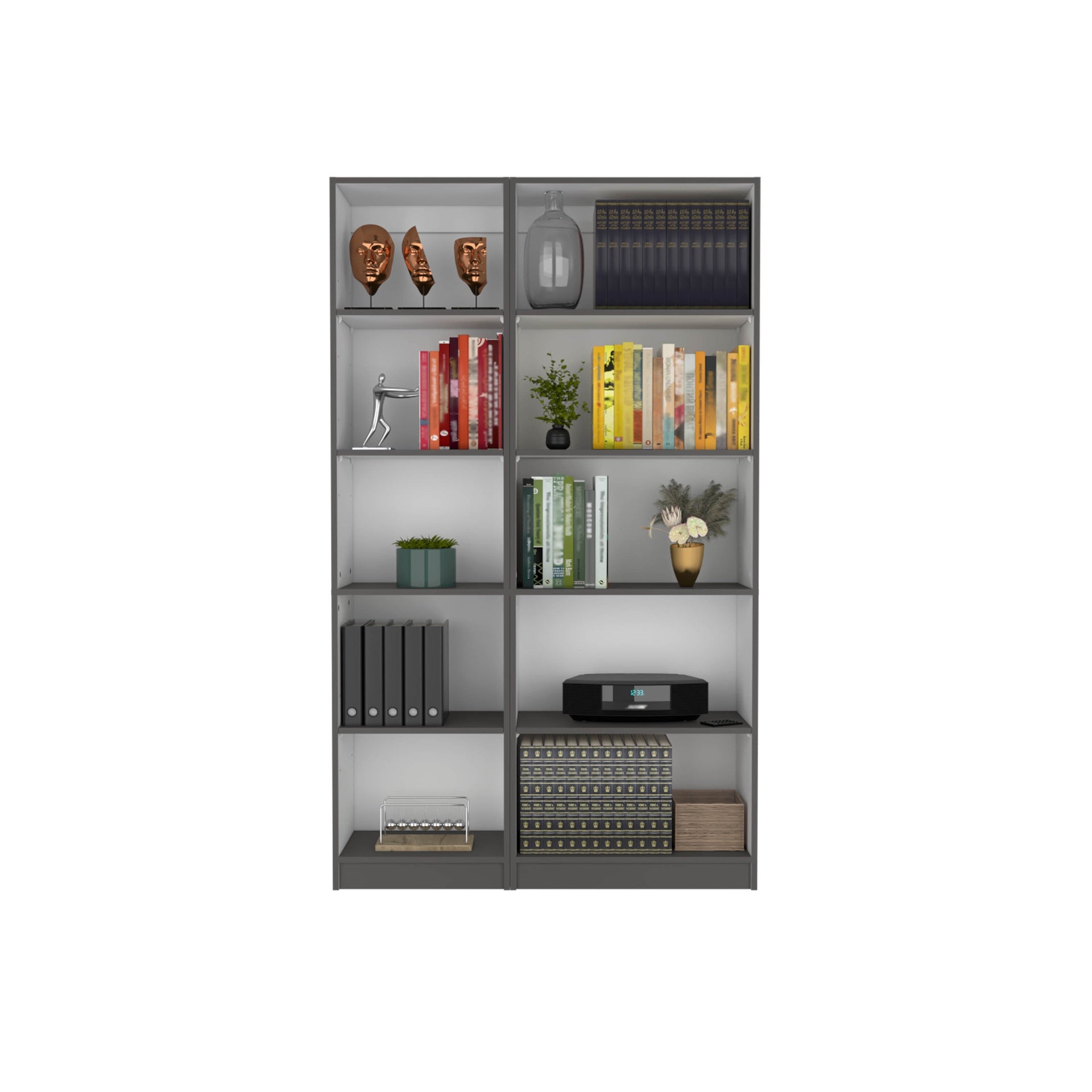 Kenyon 2 Piece Home Bookcase set, 42" Wide with 10 Shelves, Living Room Set Matt Gray / White