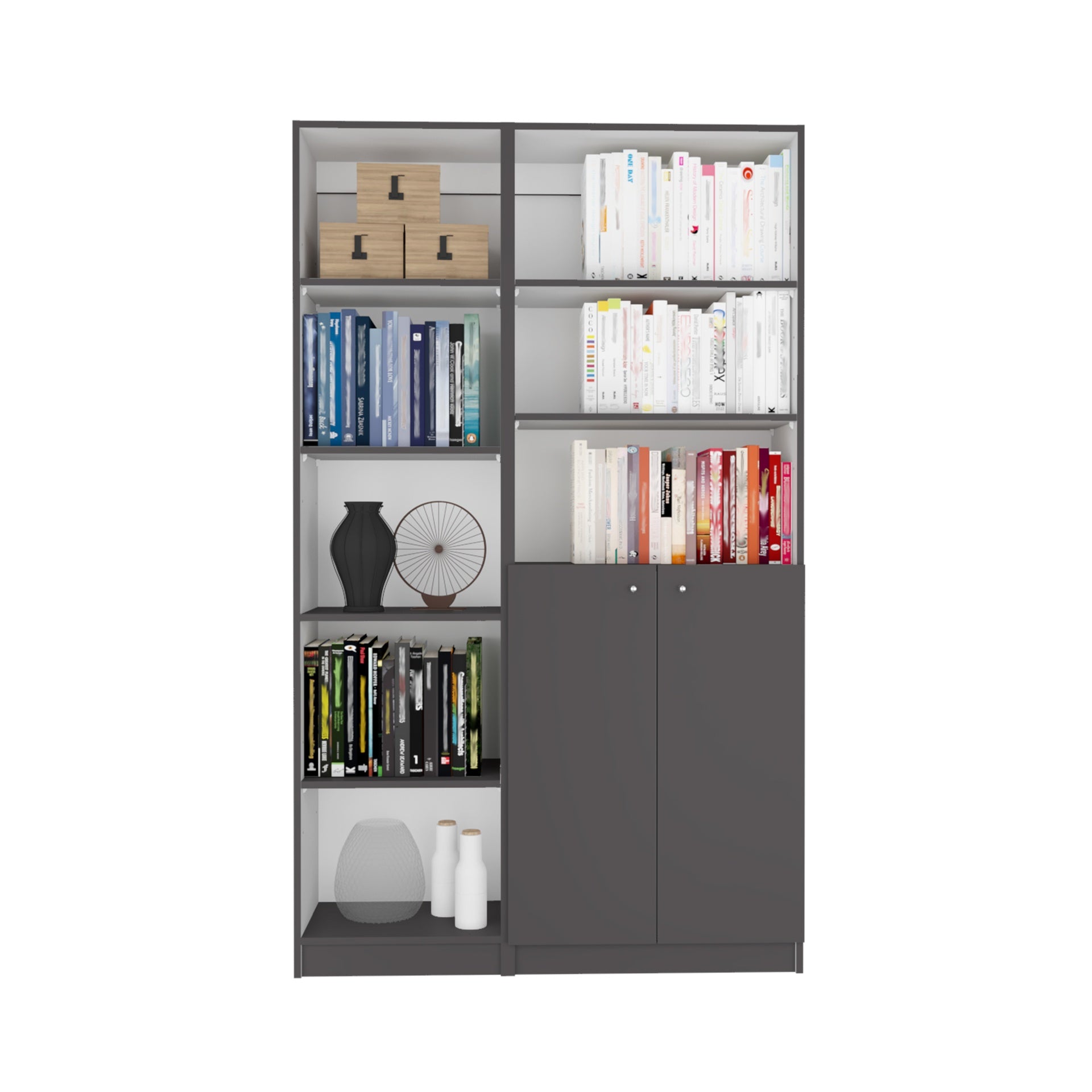 Micco 2 Piece 2 Piece Home Bookcase set, 42" Wide  with 8 Shelves and Double Door Cabinet, Living Room Set Matte Gray - White